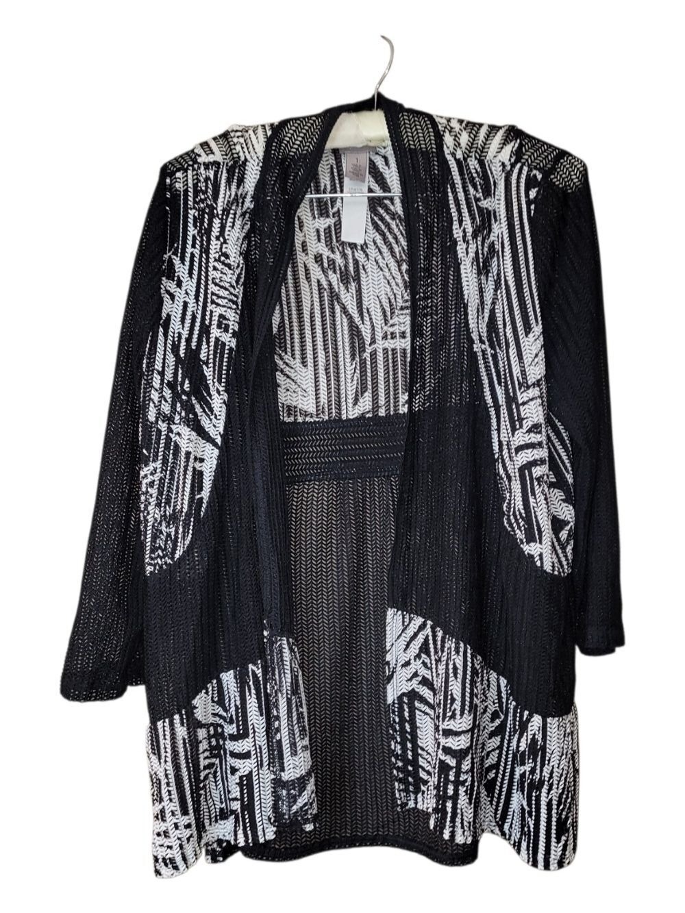 Easywear Chico's 1 Black & White Crochet 3/4 Sleeve Cardigan Coverup M